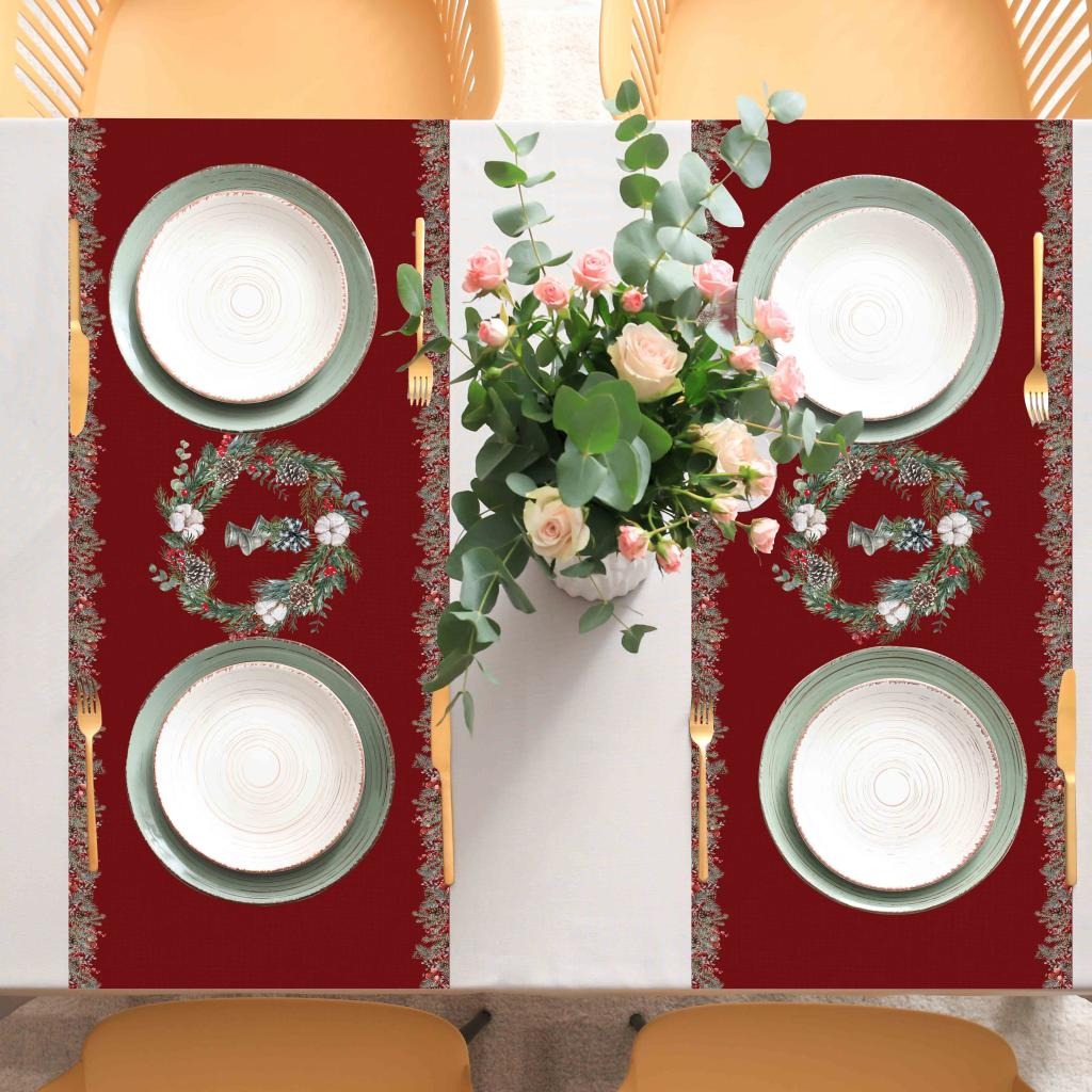 Червена пътека за маса с цветни детайли - 140 x 45 см